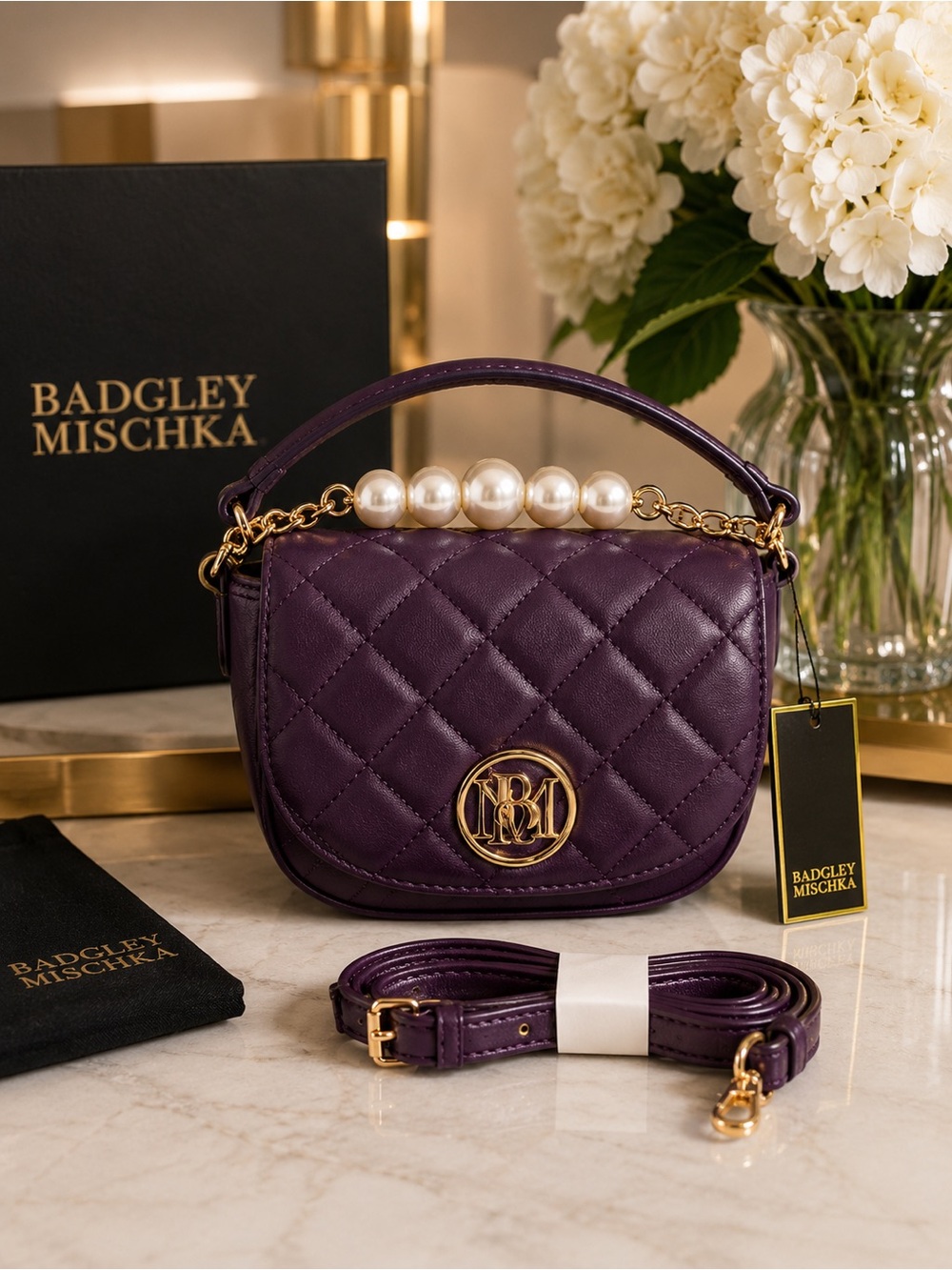 Badgley Mischka Quilted Plum Mini Crossbody with Pearl Handle